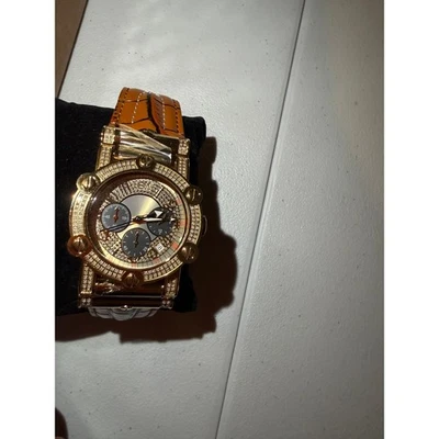 Mens Gold Tone Chron Watch Diamond Accents Brown Crocodile Embossed Leather Band - Image 1 of 4