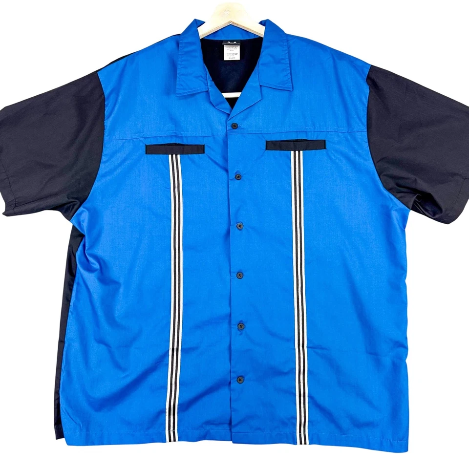 Camisa masculina retrô de boliche Hilton 2XL azul preta botão de acampamento de boliche frontal casual - Imagem 1 de 4