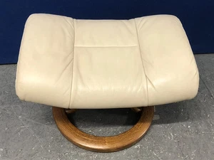 EKORNES STRESSLESS Footstool, Cream Leather, Medium Wood Classic Base - Picture 1 of 4