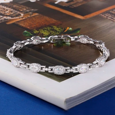 Oval Cut VVS1/D Real Moissanite Bracelet 925 Sterling Silver Women's Tank Chain - Image 1 of 4