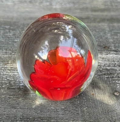 Vintage Art Glass Paperweight Red Flower Apr. 2.25" Diameter - Image 1 of 4