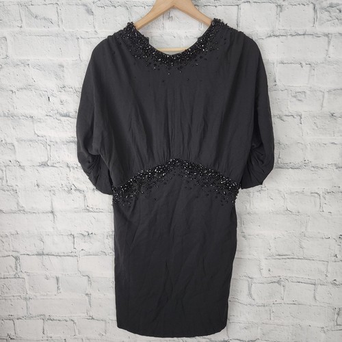 Prada mini abito crepe taglia 38 nero impreziosito aperto dietro foderato cocktail ACL