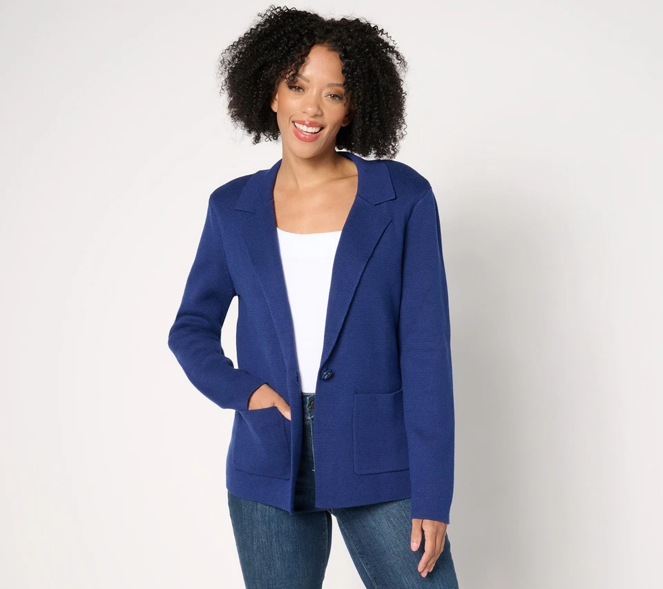 Isaac Mizrahi Live! Estate Single-Button Milano Stitch Sweater Blazer Royal Navy - Image 1 of 1
