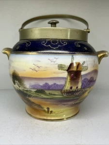 Antike Keksdose Dose Porzellan Metalldeckel Henkel handbemalt Windmühle - Bild 1 von 9