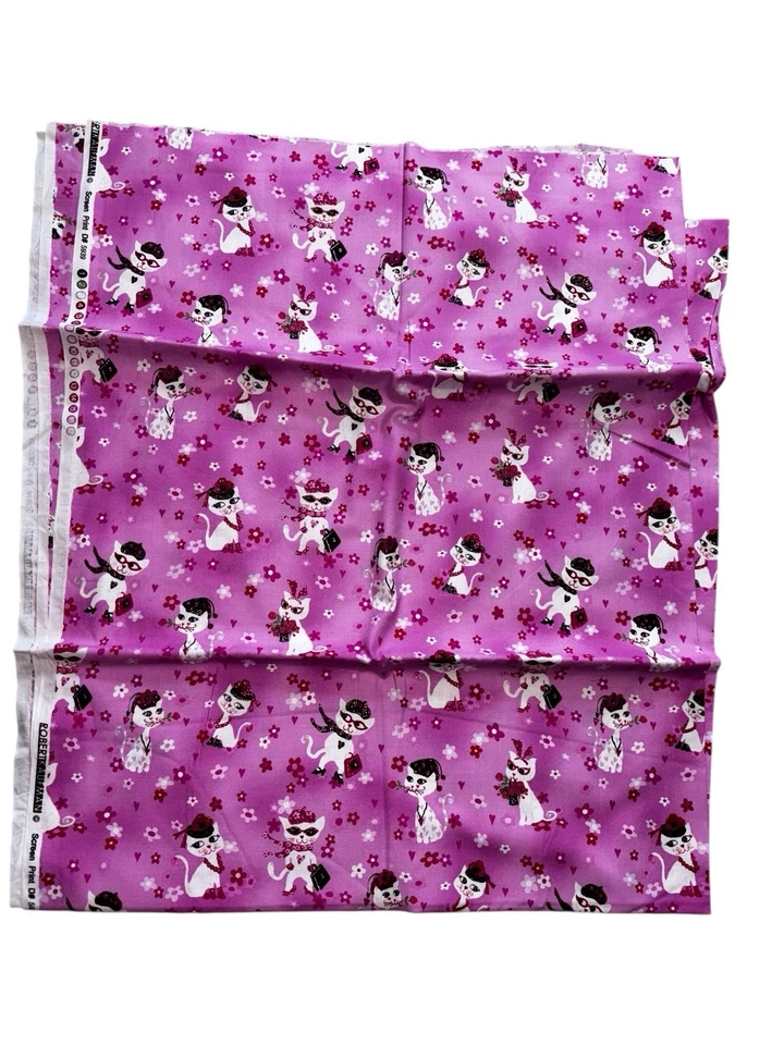 Robert Kaufman Pink Floral Cat Paris Red Hat Heart Rose Purse Metallic 45”X 110” - Image 1 of 4