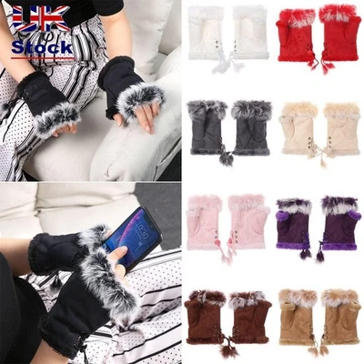 Suede Leather Winter Fingerless Gloves Wrist Mitten Rabbit Fur Winter Glove - Image 1 of 4