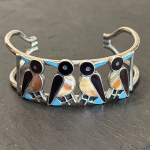Zuni Vögel einzigartig Vintage Manschette Armband Muschel Türkis Inlay 6,4" - Bild 1 von 12