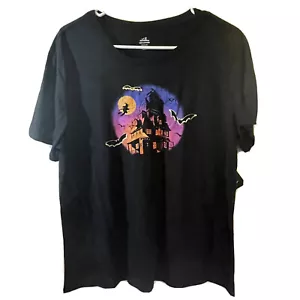 Women's Black Retro Halloween Haunted House Shirt with Glitter Gold Bats NWT - Picture 1 of 4