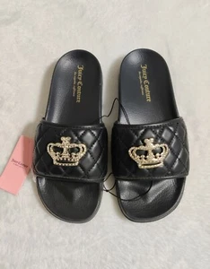 Juice Couture Sz 7 Wylee Slide Sandals Flip Flops Black Comfort Crown Rhinesto - Picture 1 of 11