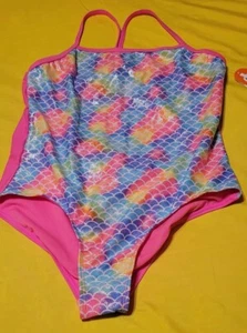 NWT Girl's XL (14-16) Multicolor Shiny hot pink Mermaid Racerback Swimsuit - Picture 1 of 2