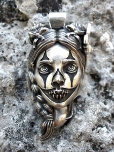 Clown Sterling Silver 925 Pendant , Dark Beauty Handmade Skull Necklace - Picture 1 of 8