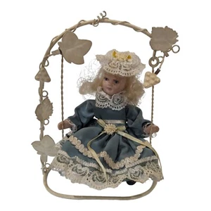 Porcelain Handpainted Doll Metal Grapevine Arbor Swing 6" Miniature Dan Dee - Picture 1 of 3