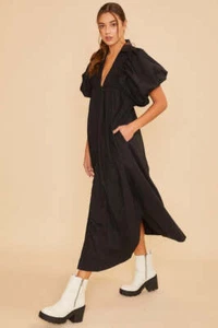 Black Smocked Puff Sleeve Midi Dress - Picture 1 of 3