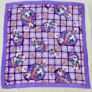 Vintage Scarf CAROLE LITTLE purple SILK tea cup JAPAN rural scene large oversize - Picture 1 of 11