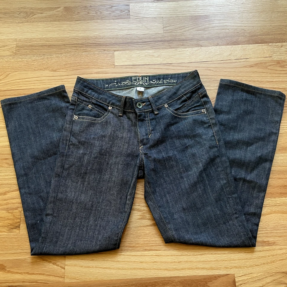 Pantalones de mezclilla para mujer Edun lavado oscuro, color negro/azul marino, corte boot, vintage Y2k Foto 1 de 3