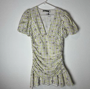 ZARA Checkered Draped Dress Small Floral Mini V Neck Romantic Mgd - Picture 1 of 6