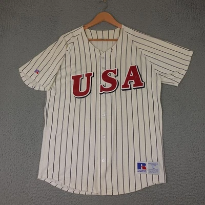 Camiseta deportiva de béisbol vintage de Estados Unidos para hombre grande blanca MLB Olympic Russell años 90 Foto 1 de 4