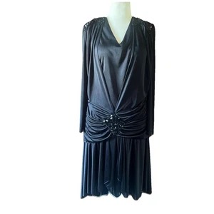 David Rose VTG 80s Black Drop Waist Sequin Party Cocktail Dress 16-18 1X 2X READ - Picture 1 of 15