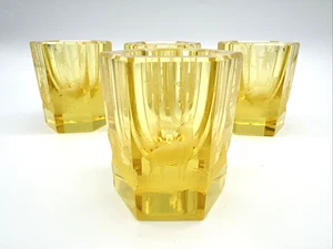 4er Set Vintage gelb geschliffenes Glas Rad geätzt Vogel Hirsch 2 1/8" Cordial Schnapsglas - Bild 1 von 19