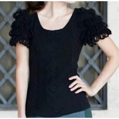 HWR Anthro Women's Black Looped Epaulet Pullover Short Sleeve Sweater Size L - Image 1 of 4