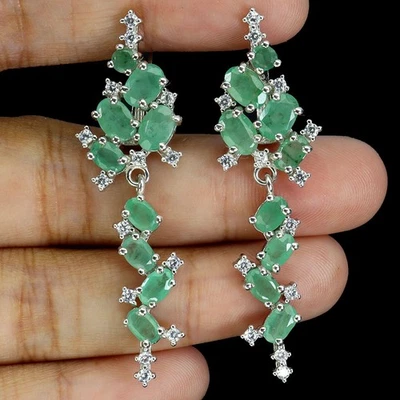 925 Sterlingsilber Ohrringe Ovaler Smaragd 6x4mm Natürlicher Edelstein Schmuck - Bild 1 von 4