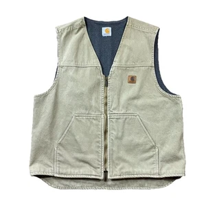 Carhartt Canvas Work Vest L Tan Fleece Lined Full Zip Sandstone Duck - Picture 1 of 6