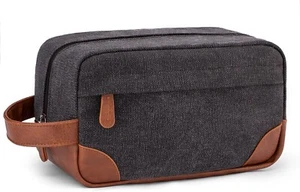 Water Resistant leather Canvas Shaving Bag Hanging Dopp Kit Toiletry Bag - Grey - Picture 1 of 8