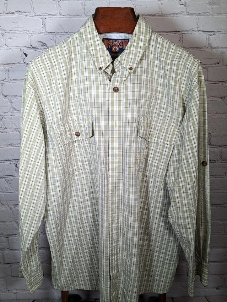 Vintage Duluth Trading Co Mens Shirt XLT Tall Green Tan Stripe Plaid Vented  - Image 1 of 4