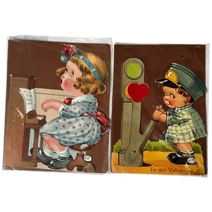 Vintage Valentines Day Card Girl On Piano Boy Railroad Train Switch 8.5"  Pair - Picture 1 of 6