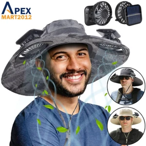 Sombrero para el sol de ala ancha al aire libre con 2 ventiladores solares pesca senderismo camping protección UV - Imagen 1 de 18