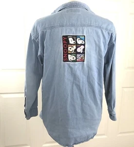 Vintage 90s Snoopy Denim Shirt Embroidered Patch M L Mens Distressed Blue - Picture 1 of 12