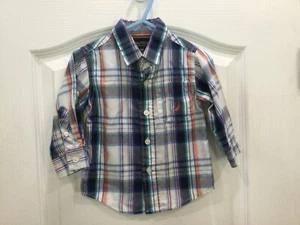 Nautica Baby Boy Shirt Top Size 12 Months Blue White Plaid Long Sleeve  138 - Picture 1 of 6
