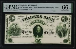 PMG GemUnc 66 PROOF Richmond Virginia 1860 Traders Bank $20 Obsolete Note TopPop - Picture 1 of 8