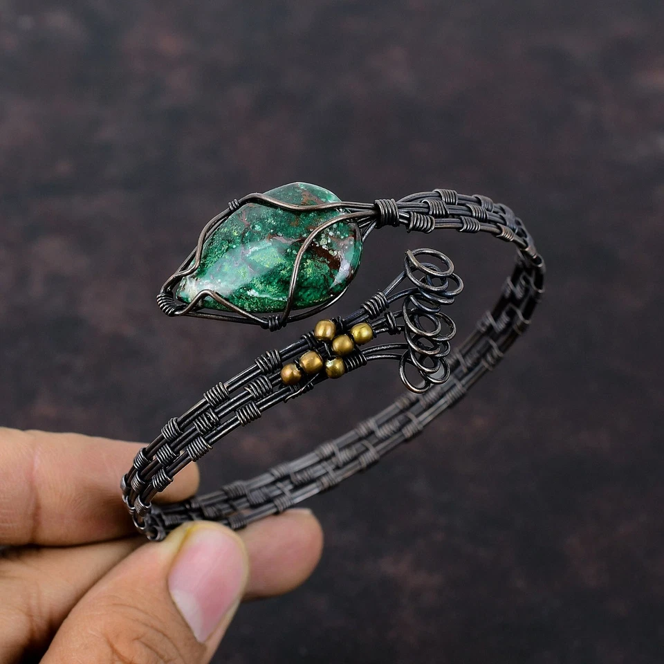 Подарок для нее медный куприт хризоколла ювелирные изделия с проволочной оберткой регулируемая манжета - Изображение 1 из 4