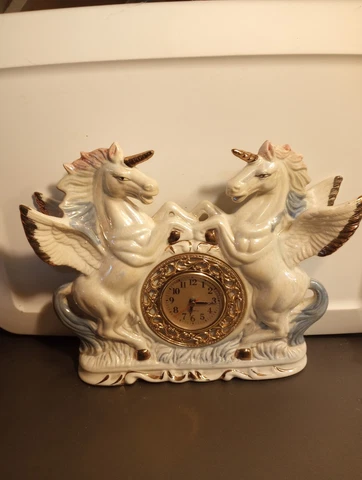 Vintage Unicorn Clock Pegasus Porcelain Quartz Iridescent Mantle Table Gold Gilt Cover