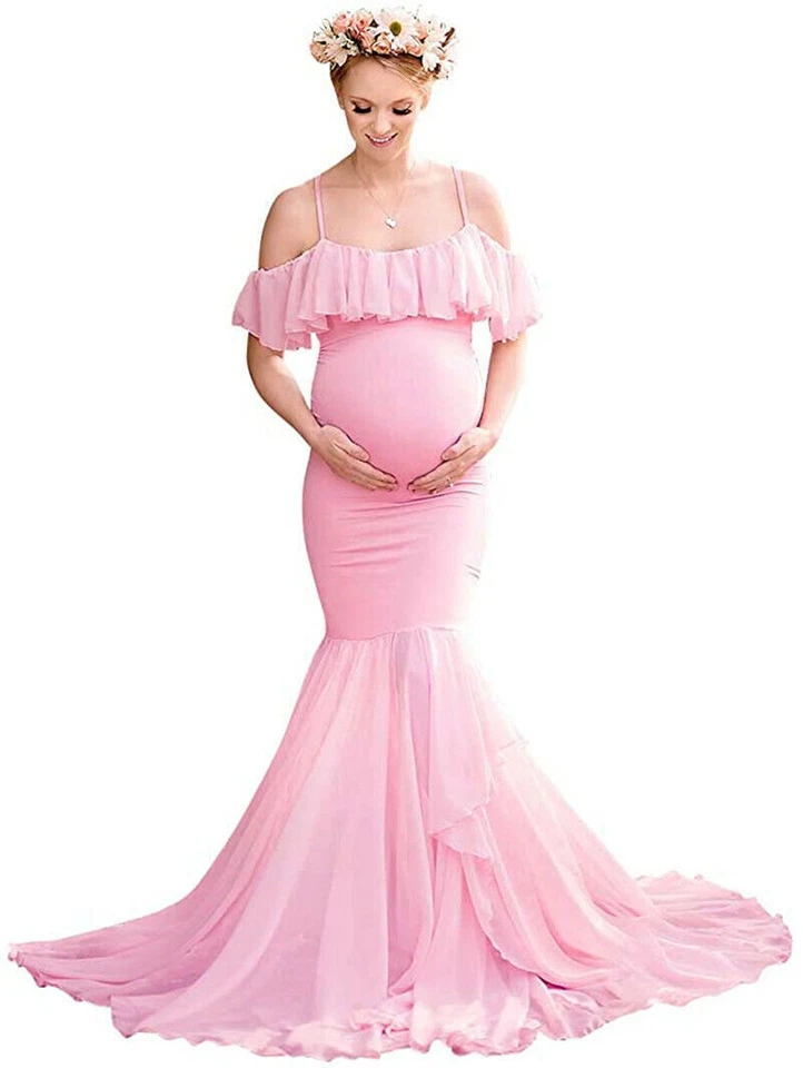 Off Shoulder Ruffle Spaghetti Strap Maternity Dress Mermaid Chiffon Photography  - Image 1 of 4