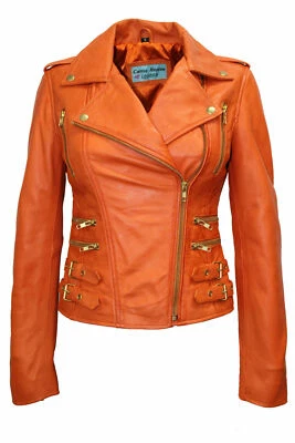 Chaqueta Abrigo Mujer Naranja Piel de Cordero Motociclista Elegante Cuero Real Foto 1 de 4