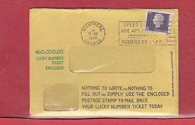 Interesting 3c Cameo Lottery advertising 1966 Canada cover front and back - Image 1 of 2