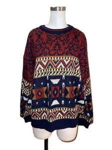 Vintage 80s geometric tribal Aztec navy red Trend Basics loud sweater Sz XL - Picture 1 of 6