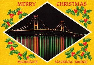 Merry Christmas Michigan's Mackinac Bridge 4 x 6 Vintage Chrome Unposted PC - Picture 1 of 2