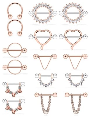 14G Nipple Rings Stainless Steel Nipplerings CZ Heart Tongue Shield Barbell R... - Image 1 of 3