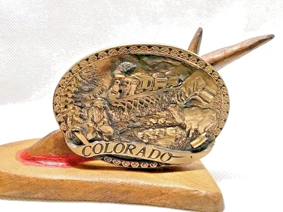 VTG 1984 High Mesa COLORADO Solid Bronze Belt Buckle Train Elk Panning For Gold - Image 1 of 4