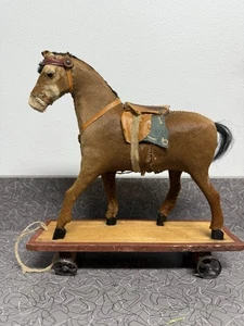 Antique Primitive Horse on Wooden Platform with Wheels Made with Horse Hair/Hide - Picture 1 of 14