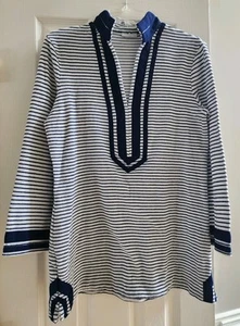 CABANA LIFE Beach Cover Up M Terry Cloth Tunic Top Navy Stripes UPF 50 SHORTENED - Picture 1 of 6