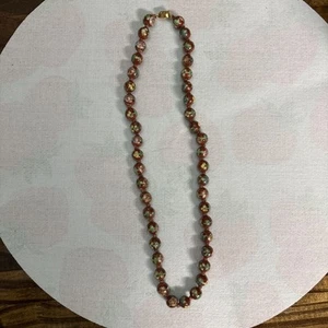 Vintage Burnt Orange Cloisonné Necklace Floral Enamel Flower Porcelain Bead 22” - Picture 1 of 5