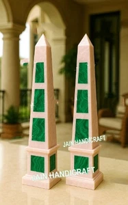 12" dos piezas incrustaciones de obelisco de mármol cuarzo rosa verde malaquita decoración del hogar artes - Imagen 1 de 3