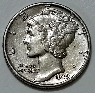 1939 P 90% SILVER Winged Liberty (Mercury) Dime AU - Image 1 of 4