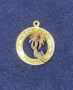VINTAGE 14K YELLOW GOLD BERMUDA  PALM TREE PENDANT CHARM   GEMSTONES - Picture 1 of 5