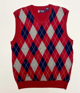 Men’s Chaps Sweater Vest Size Large Red Gray Blue Plaid Argyle Cotton Golf EUC - Picture 1 of 10