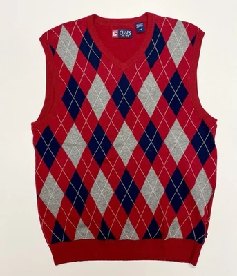 Men’s Chaps Sweater Vest Size Large Red Gray Blue Plaid Argyle Cotton Golf EUC - Image 1 of 4